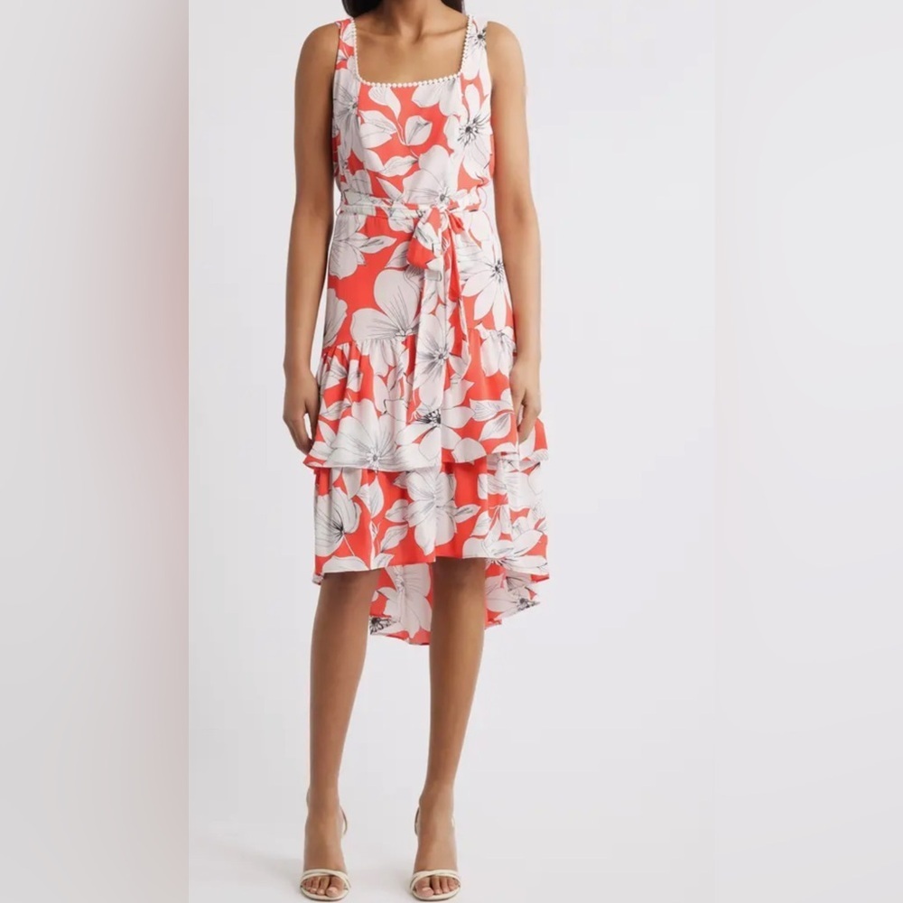 Anne Klein Floral Sleeveless Tiered High Low Midi Dress